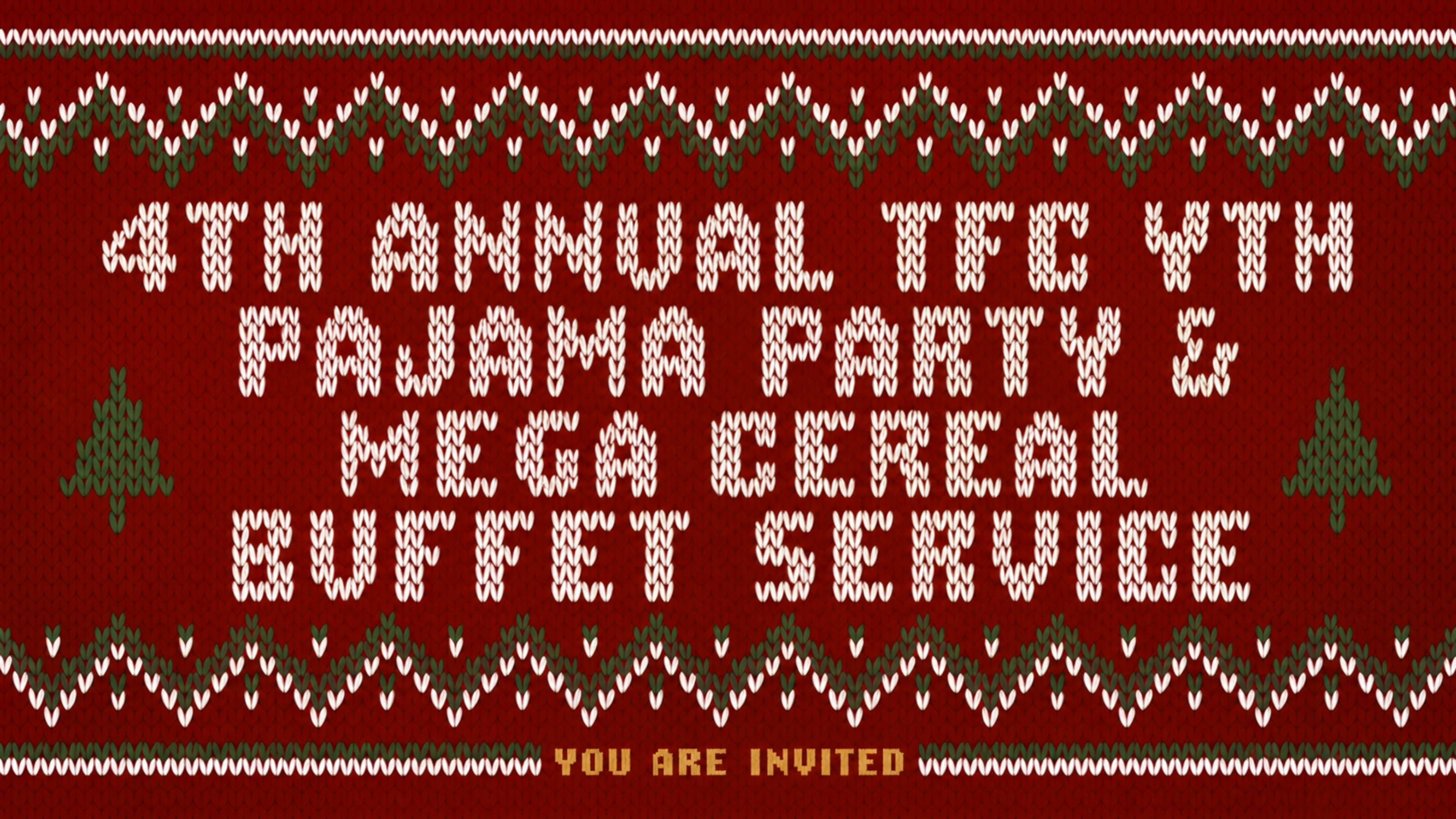 Red Christmas sweater graphic for the 4th Annual TFC YTH Pajama Party and Mega Cereal Buffet Service